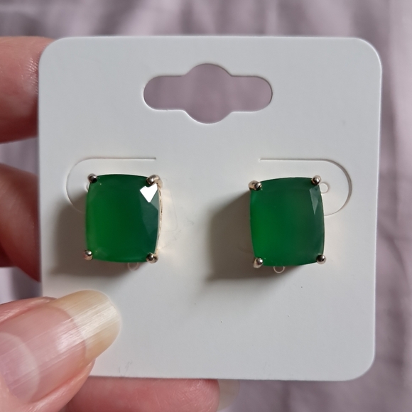 Unique Vintage Jewelry - 14kt Sterling Silver Natural Emerald Cushion Cut Green Onyx Chalcedony Earrings